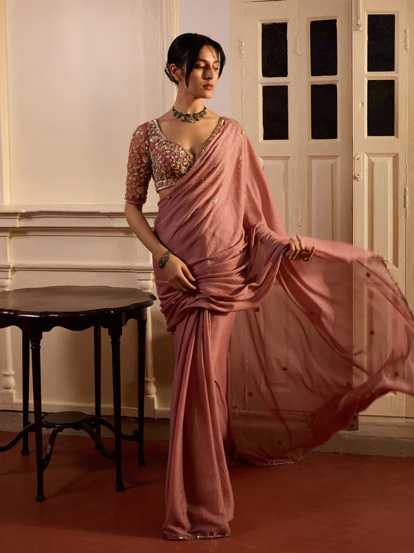 DUSTY ONION PINK DRAPED SAREE SET