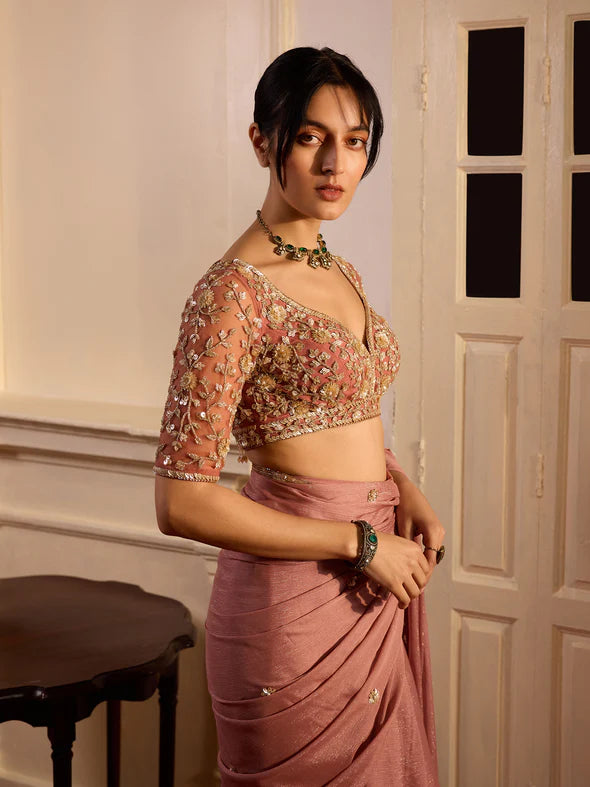 DUSTY ONION PINK DRAPED SAREE SET