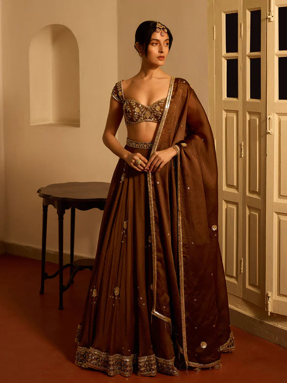 CHOCOLATE COSMOS ORGANZA LEHENGA SET
