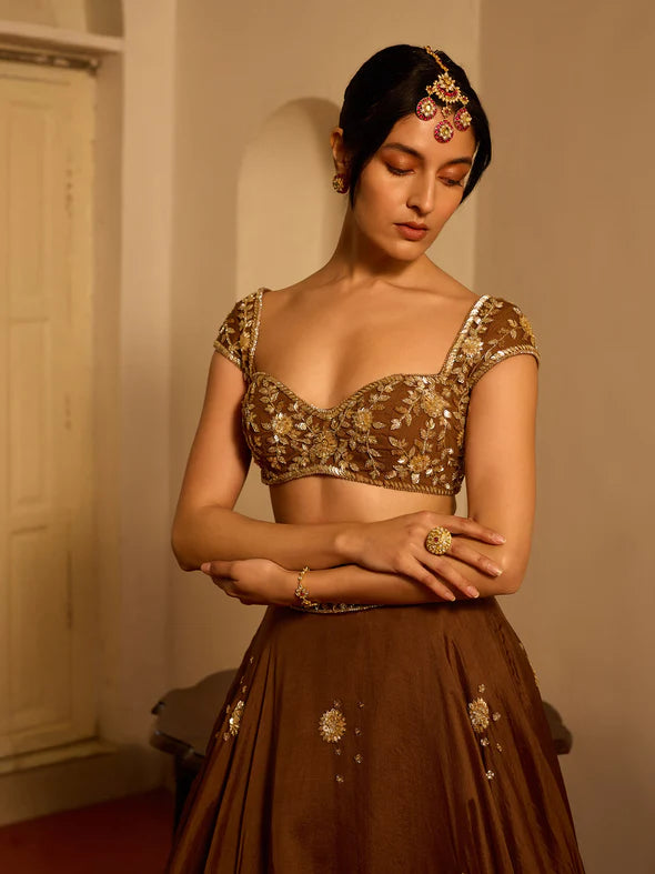 CHOCOLATE COSMOS ORGANZA LEHENGA SET