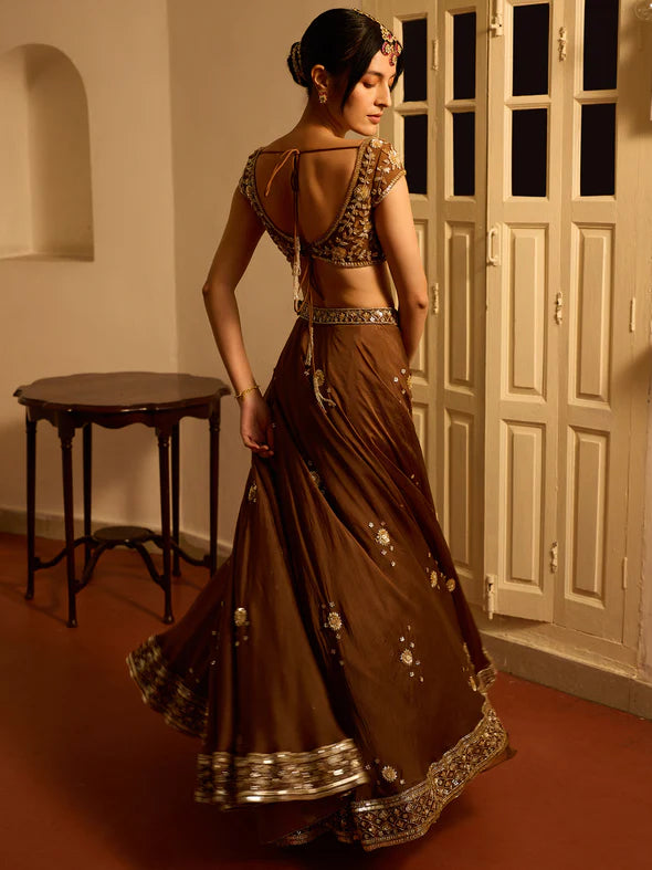 CHOCOLATE COSMOS ORGANZA LEHENGA SET