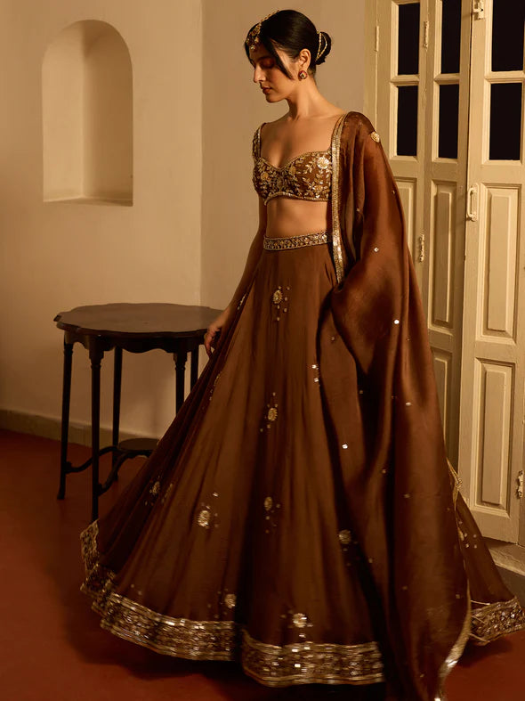 CHOCOLATE COSMOS ORGANZA LEHENGA SET