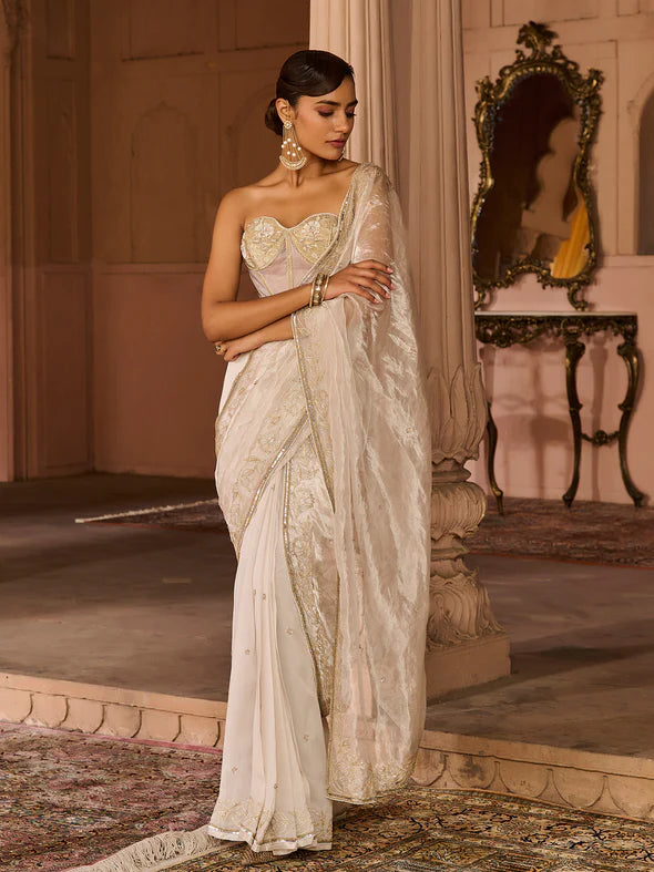 Platinum Tissue Draped Saree Set