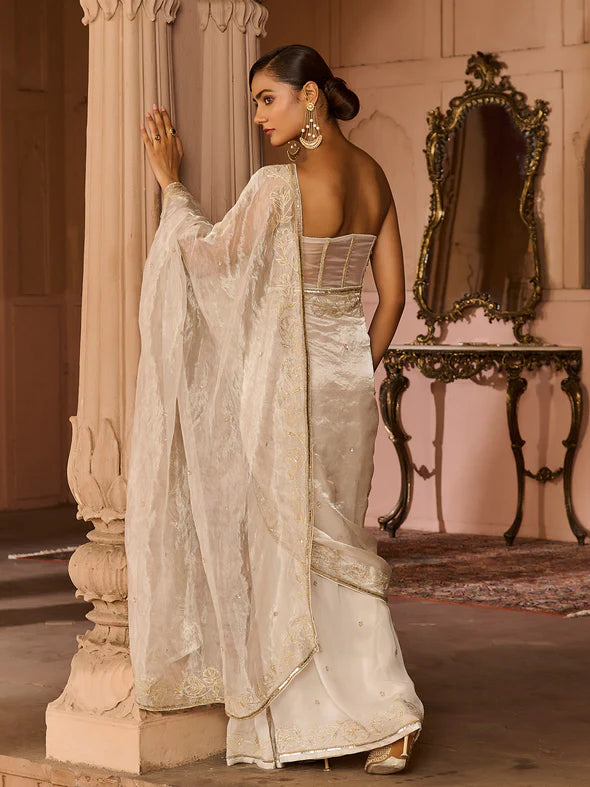 Platinum Tissue Draped Saree Set