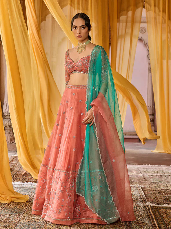 Coral Bloom Organza Lehenga Set