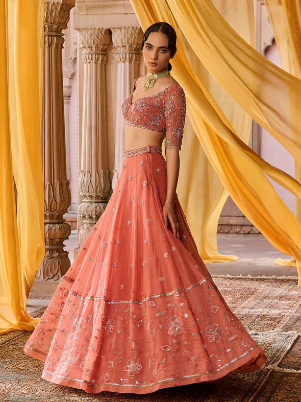 Coral Bloom Organza Lehenga Set