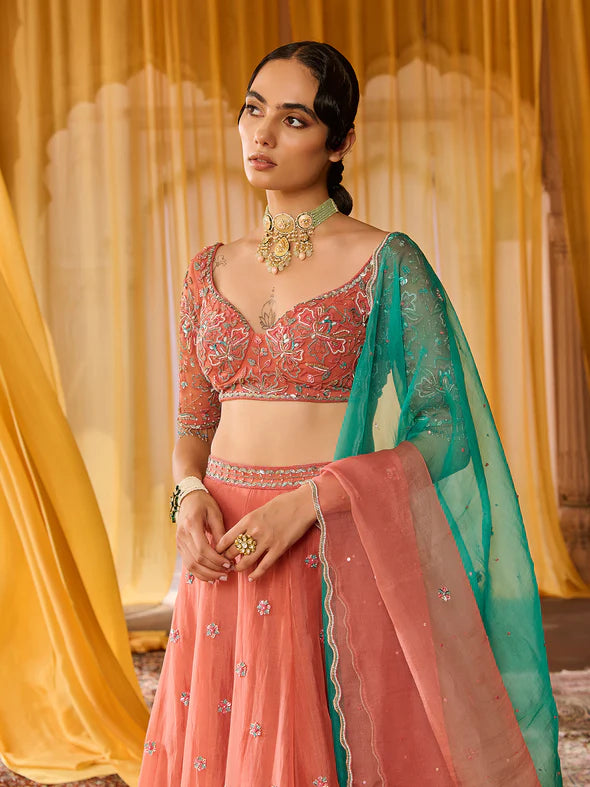 Coral Bloom Organza Lehenga Set