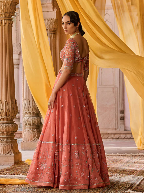 Coral Bloom Organza Lehenga Set