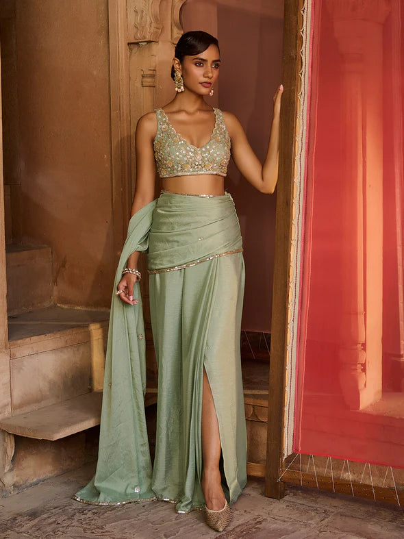 Elara Sage Green Saree Set