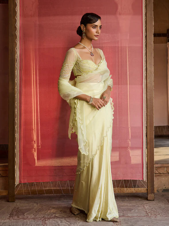 Zest Lime Green Draped Saree Set
