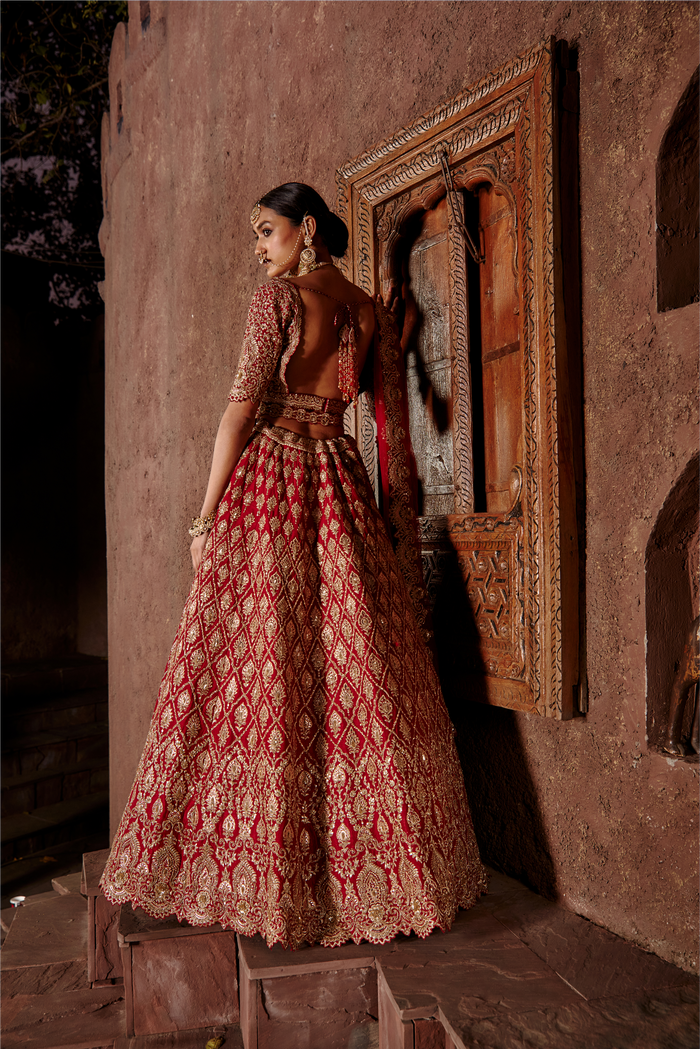 Red Raw Silk Lehenga Set With Leather Applique