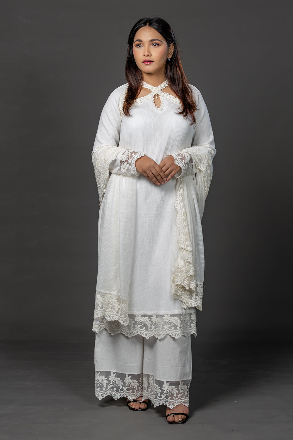 Lace embellished white cotton kurta set with pants and kota doria dupatta