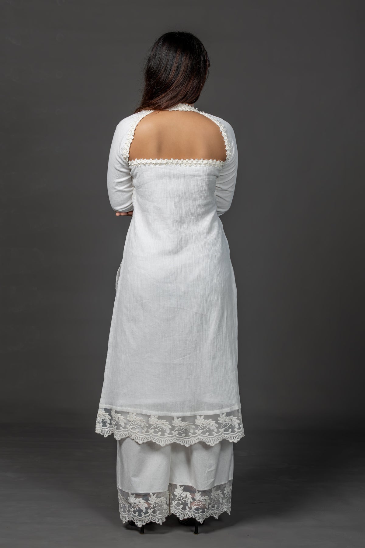 Lace embellished white cotton kurta set with pants and kota doria dupatta