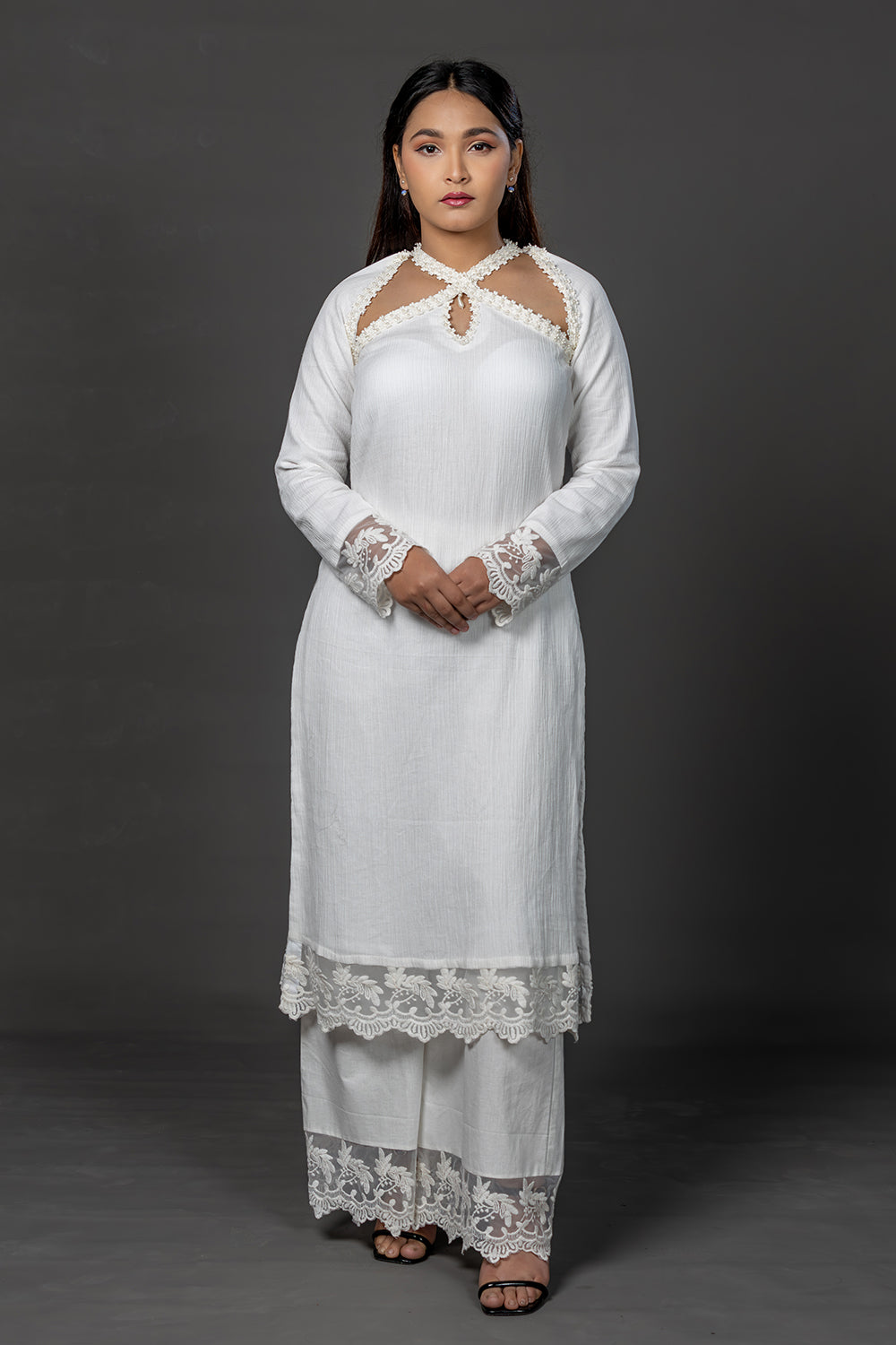Lace embellished white cotton kurta set with pants and kota doria dupatta