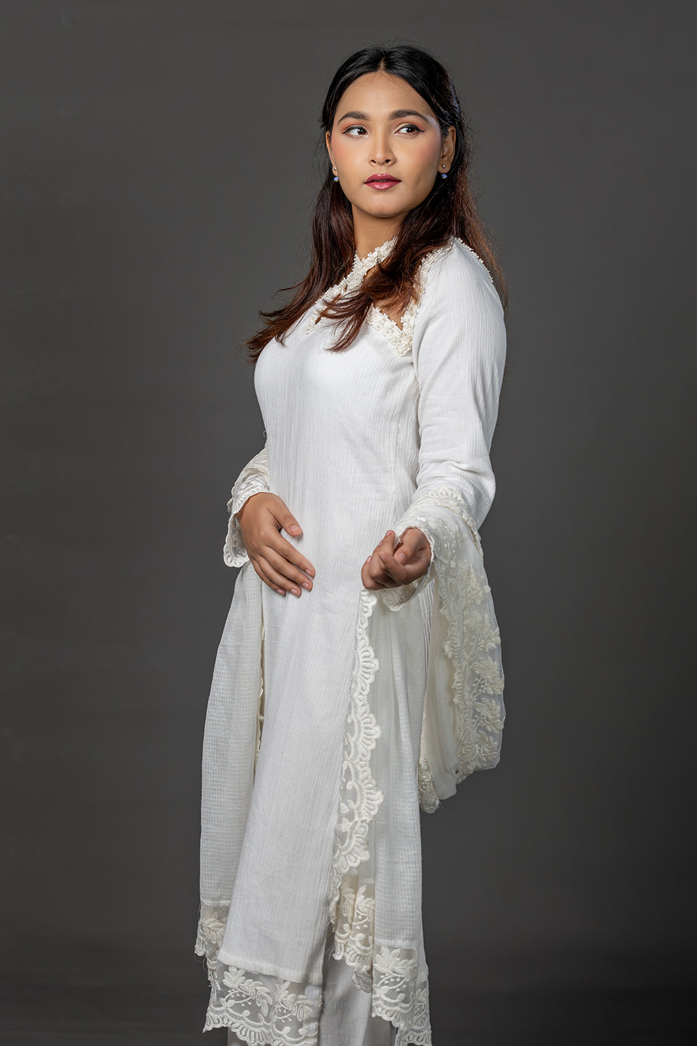 Lace embellished white cotton kurta set with pants and kota doria dupatta