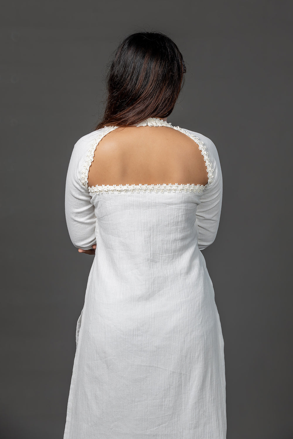 Lace embellished white cotton kurta set with pants and kota doria dupatta