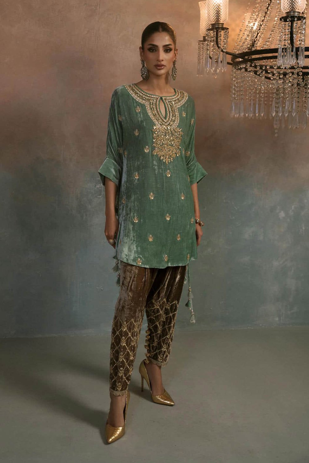 Aqua Mist Velvet Embroidered Co-ord Set