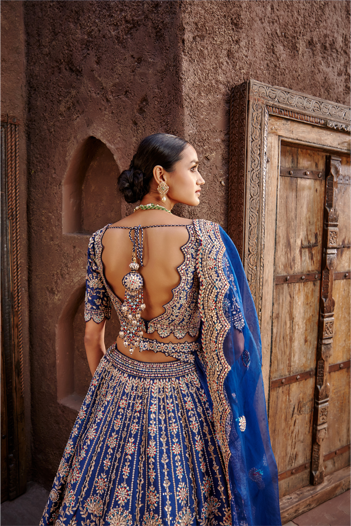 Midnight Blue Taffeta Lehenga Gota Work