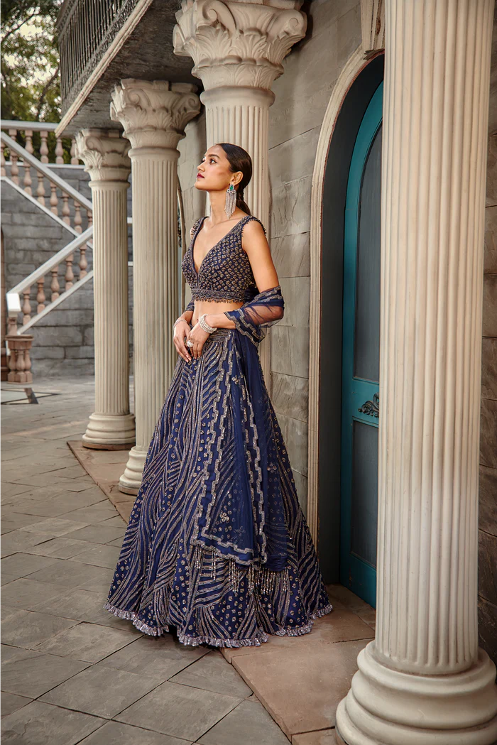 Navy Blue Net Lehenga Set