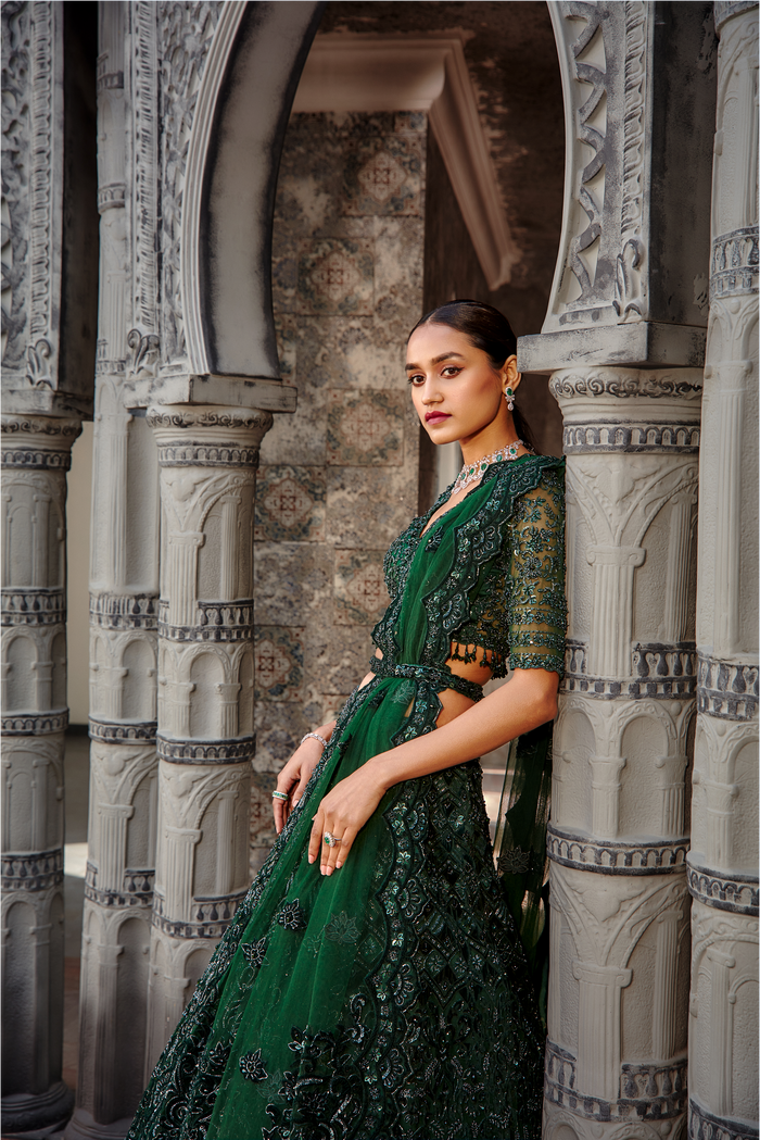 Bottle Green Velvet Applique Tulle Lehenga Set