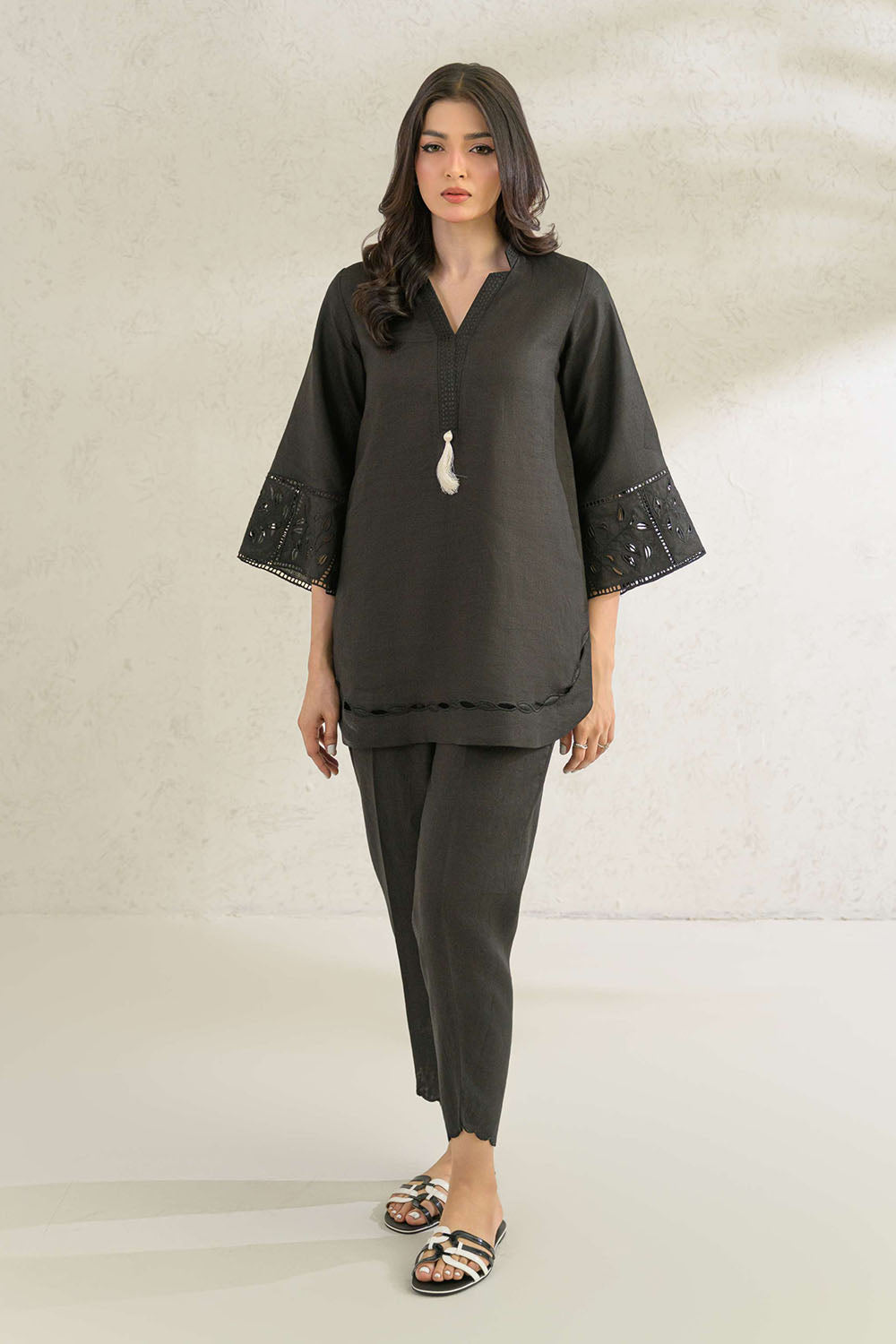 Black Solid Embellished  Co-Ord Sets