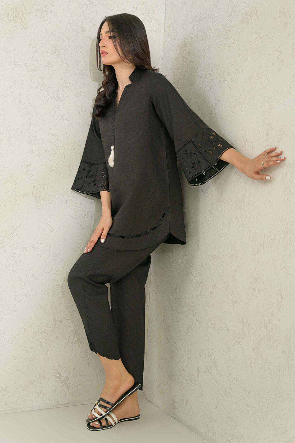 Black Solid Embellished  Co-Ord Sets