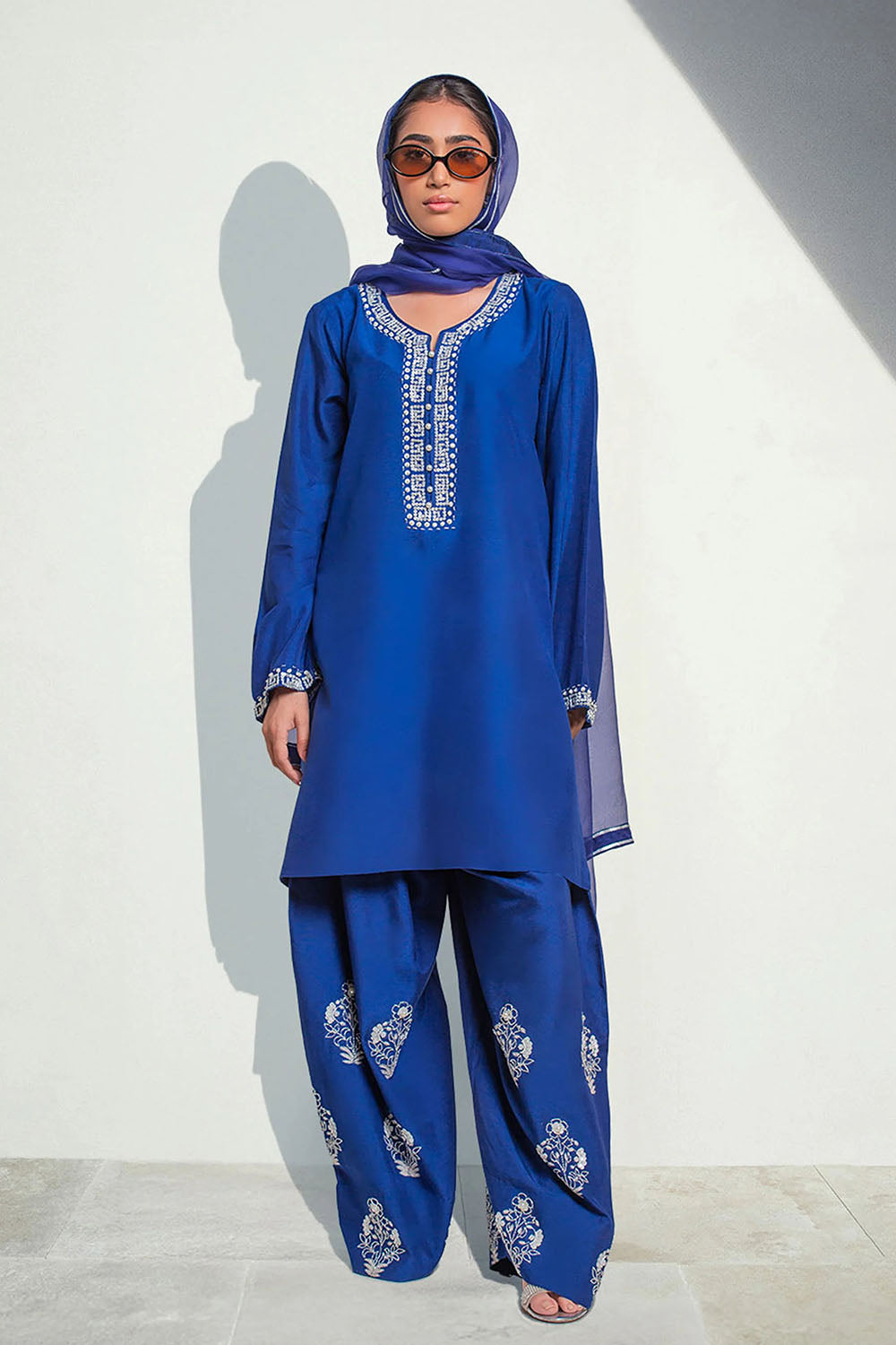 Blue Luxe Embroidered Farshi Suit Set with Dupatta