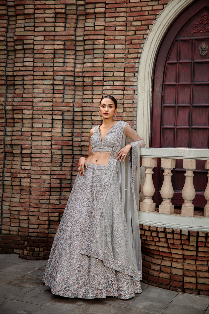 Silver Grey Tulle Lehenga Set
