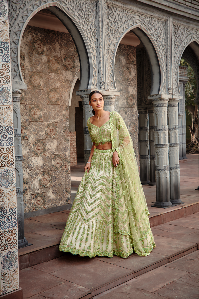 Ivory Lime Gota Resham Crystal Lehenga Set