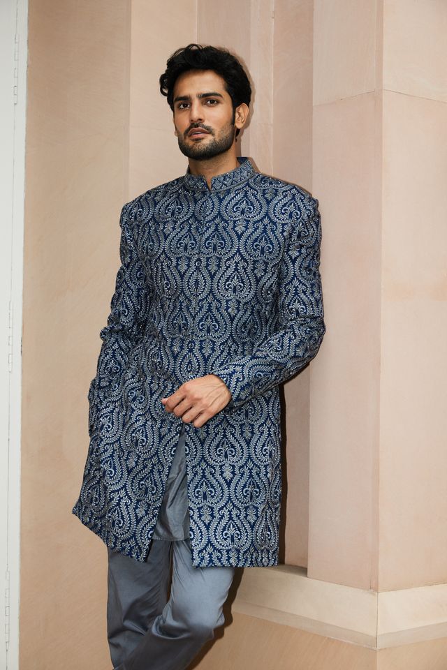 Royal Blue Matka Silk Worked Short Sherwani With Kurta and Trouser