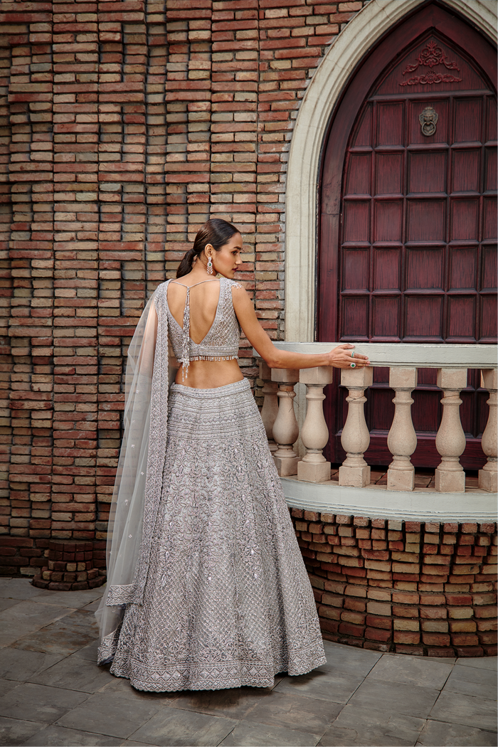 Silver Grey Tulle Lehenga Set