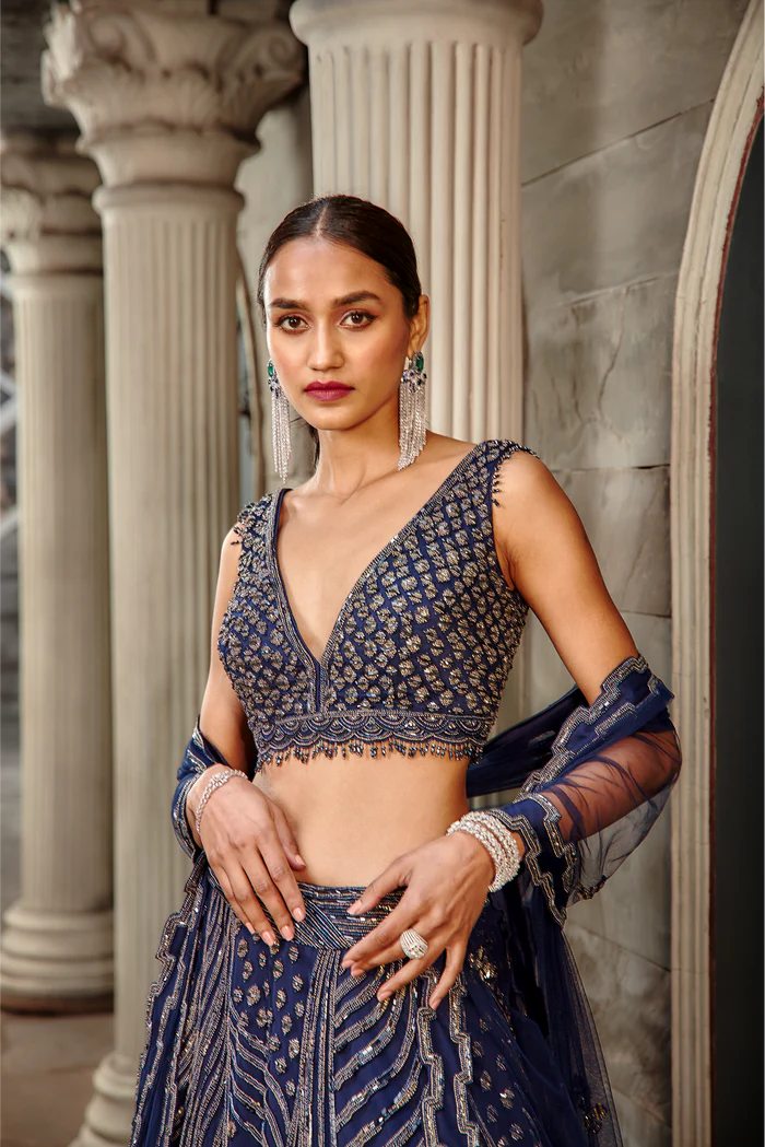 Navy Blue Net Lehenga Set