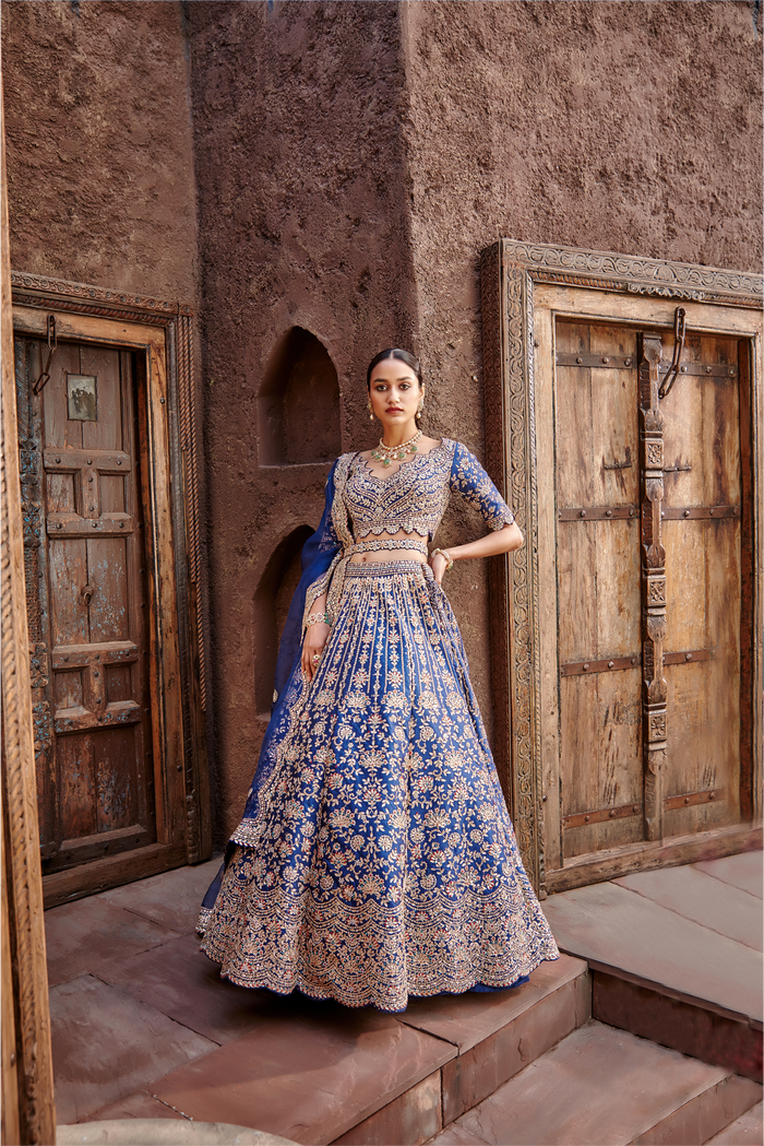 Midnight Blue Taffeta Lehenga Gota Work