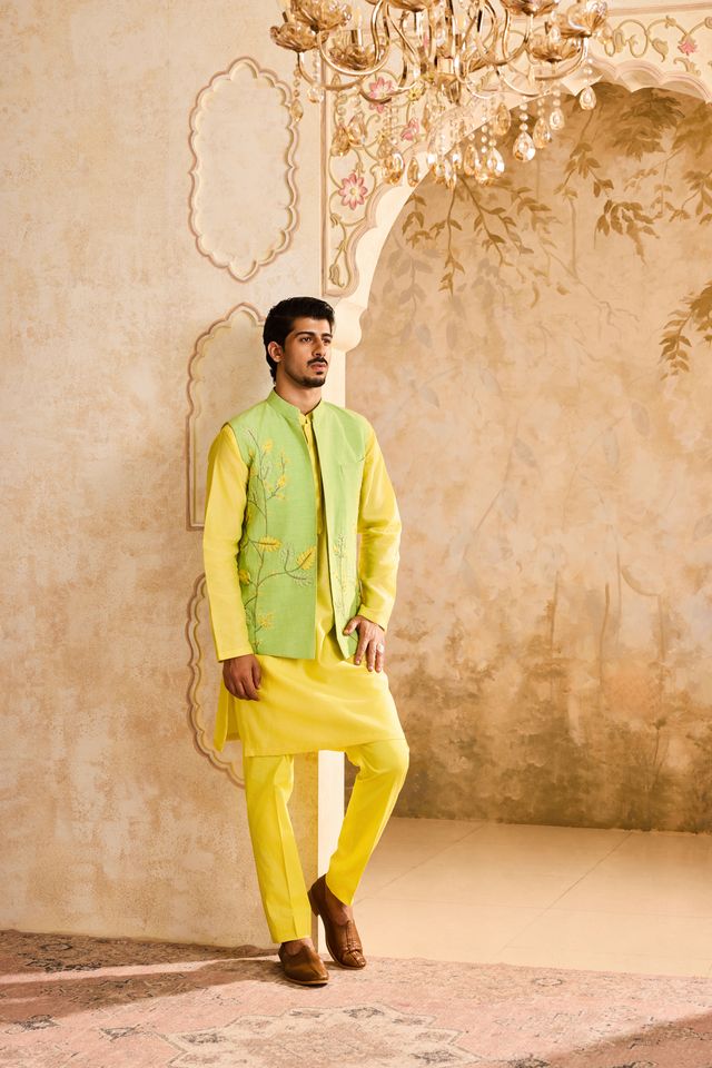 Green Yellow Bundi Floral Kurta Pant
