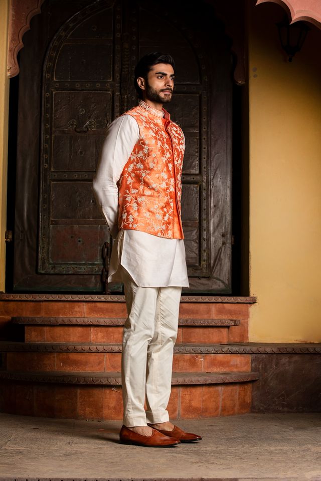 Orange Raw Silk Embroidered Jacket With Kurta and Pant