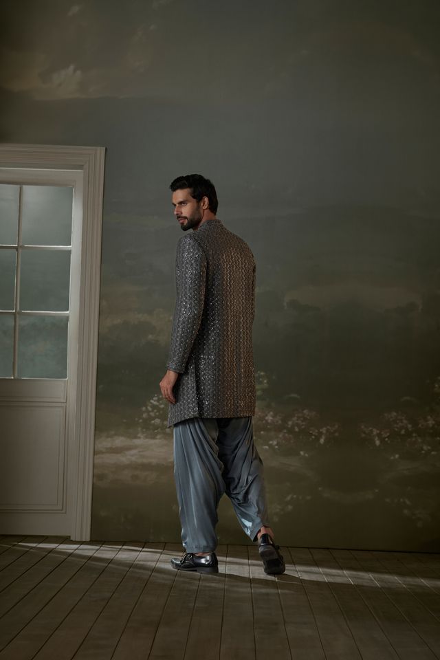 Grey Open Jacket with Kurta and Salwar