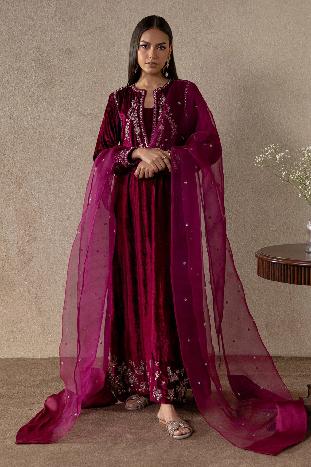 Garnet Bloom Velvet Suit Set