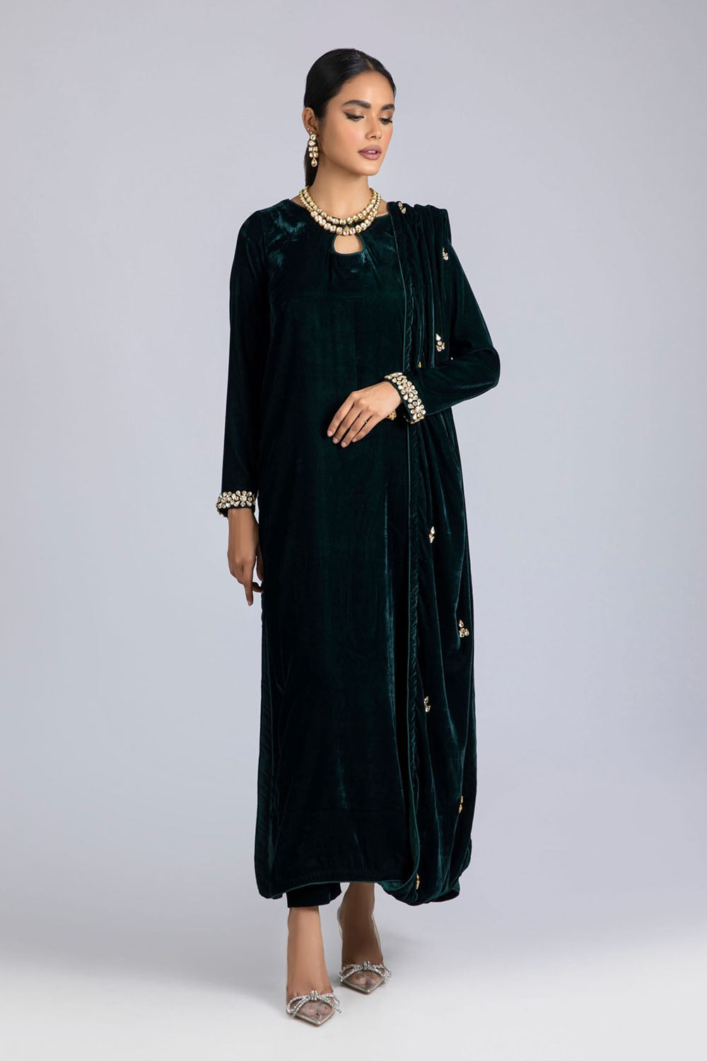 Green Velvet Drape-Detail Suit Set