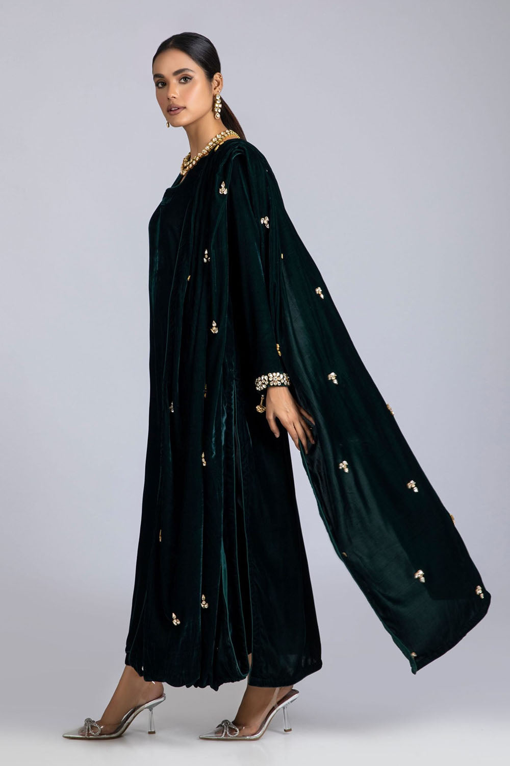 Green Velvet Drape-Detail Suit Set