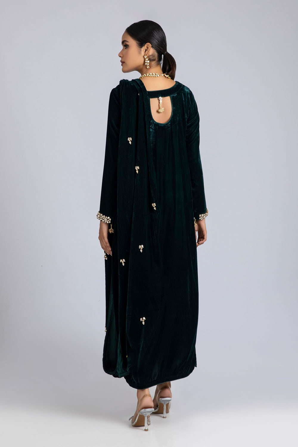 Green Velvet Drape-Detail Suit Set