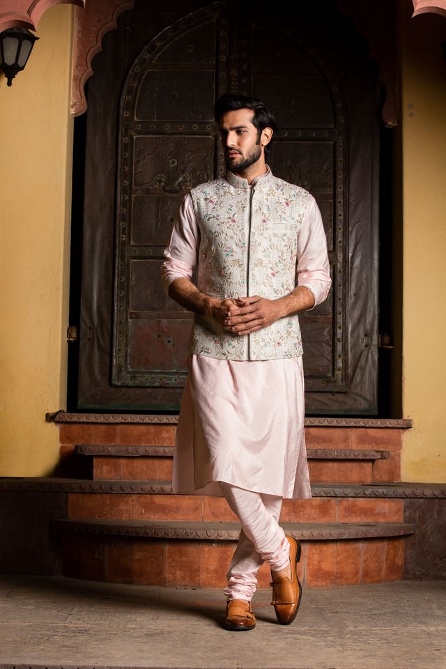 Cream Matka Embroidered Jacket  with Blush Pink Kurta & Churidar