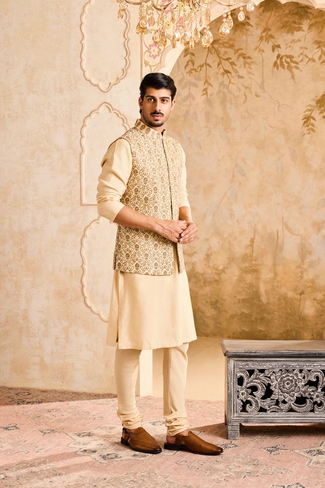 Beige Bundi Jacket Kurta Churidar