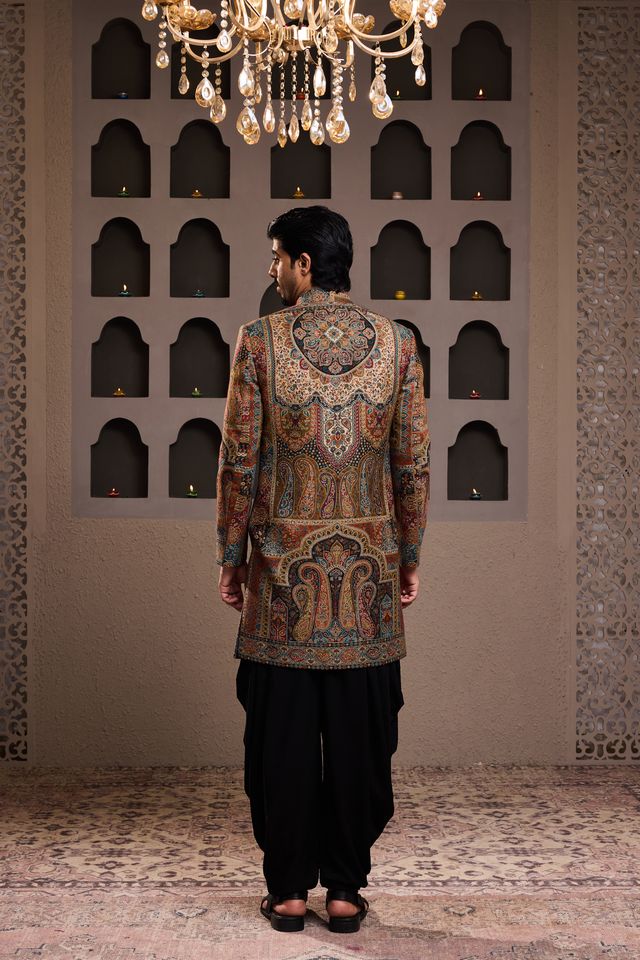 Jamawar Achkan Black Kurta Dhoti Salwar