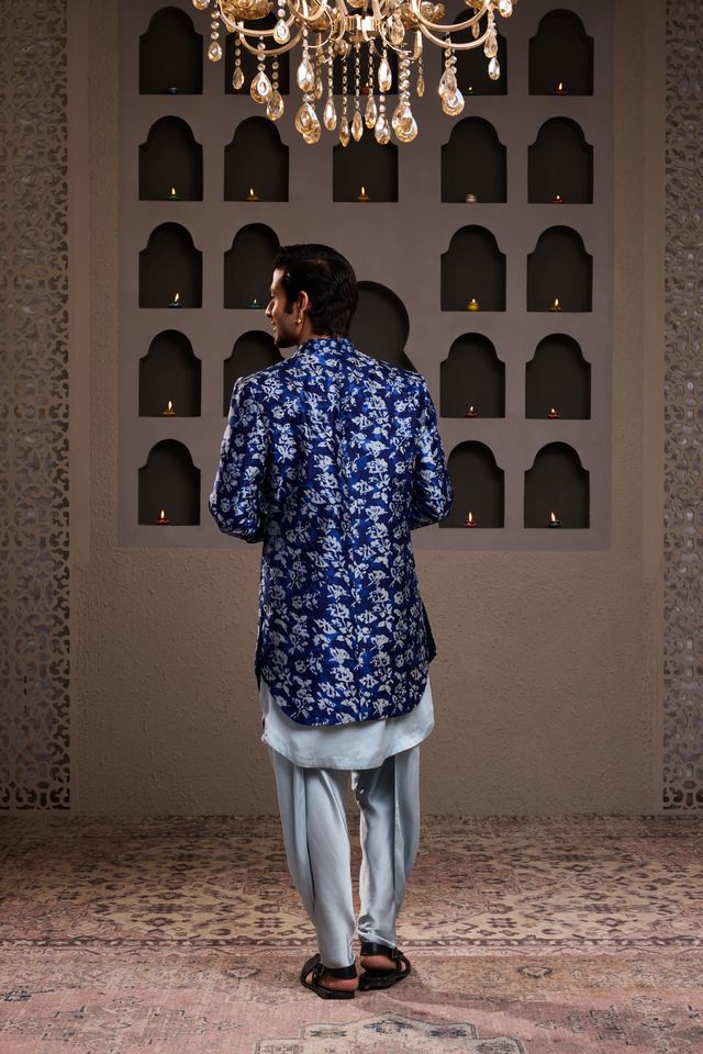 Indigo Printed Long Jacket Kurta Dhoti