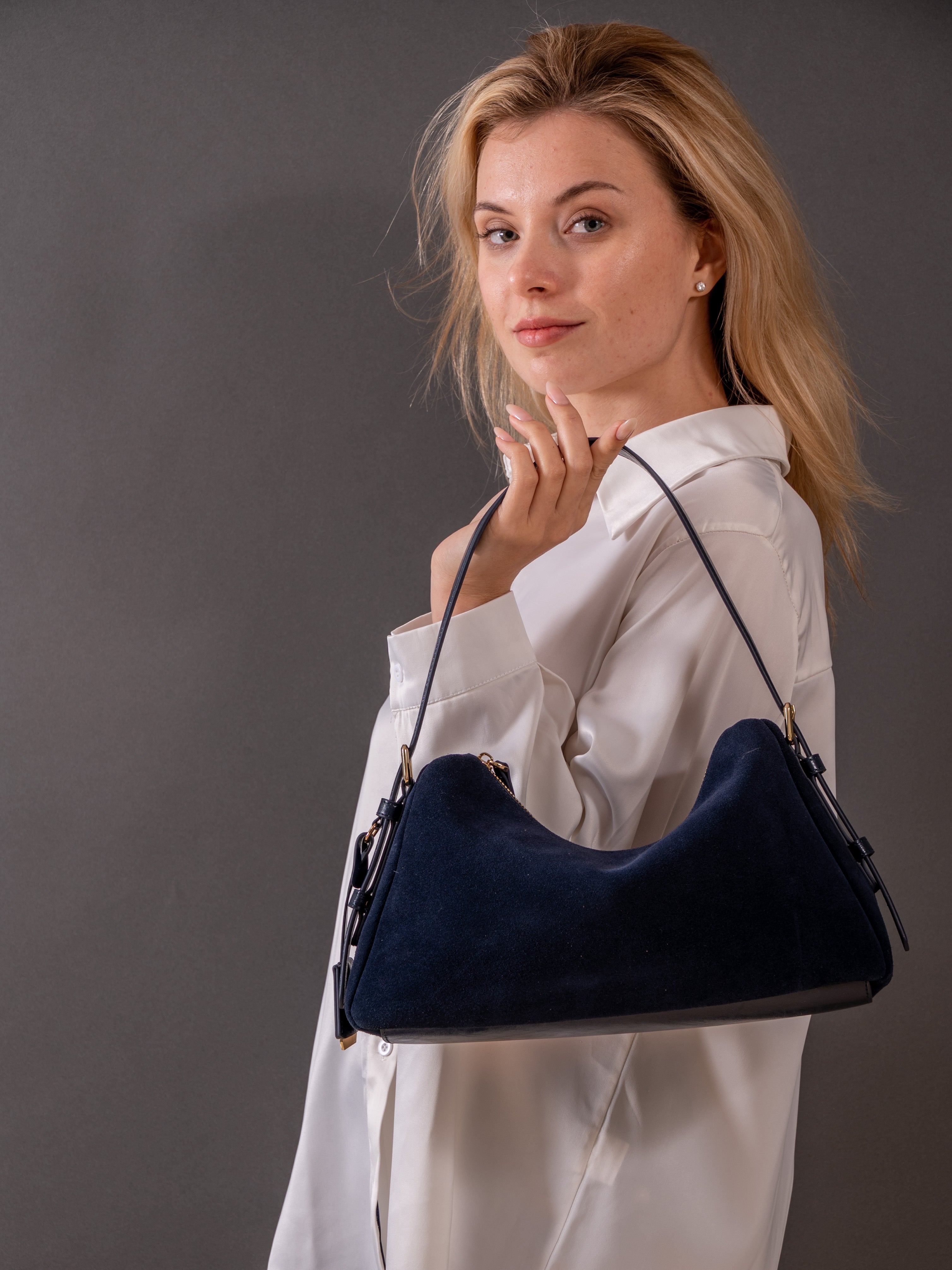 Velena - Ladies suede Leather Baguette Bag, col. Navy