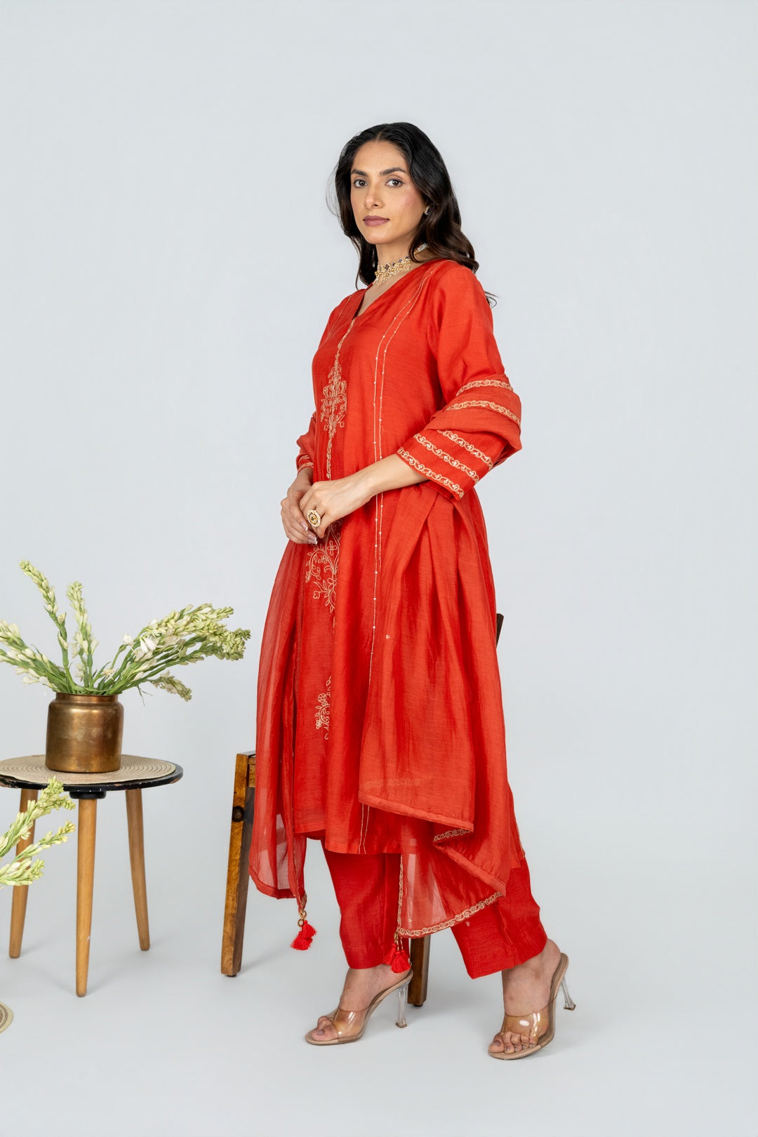 Surmayi saffron Chanderi Kurta Set