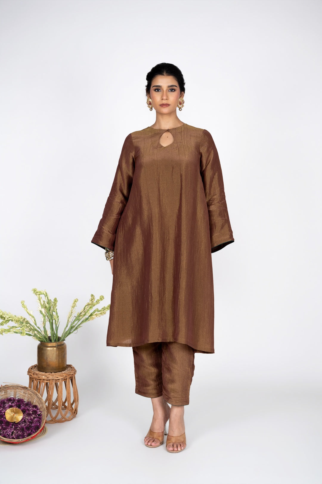 Zareen Bronze Kurta Set with Emerald Dupatta