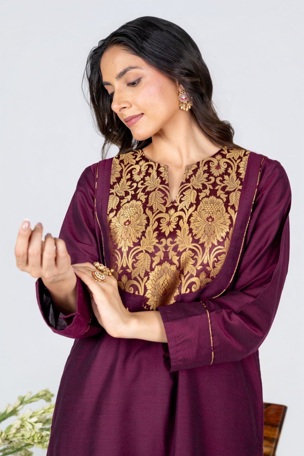 Burgundy Zari Panel Kurta Set