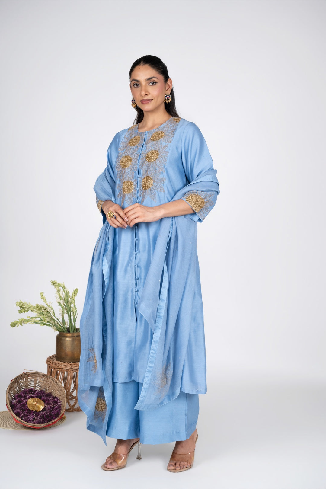 Aasmani Sunflower Kurta set With Chanderi Dupatta