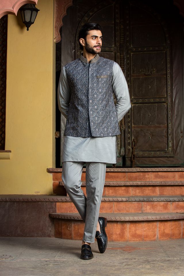 Steel Grey Kurta and Pant with all Over Embroidered Raw Silk Nehru Jacket